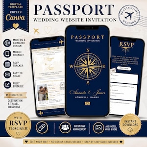 Puede incluir: Invitación digital a un sitio web de bodas en tres teléfonos inteligentes. El diseño presenta una combinación de colores azul marino y dorado con una rosa de los vientos y el texto "Passport Wedding Invitation". Incluye seguimiento de RSVP y gestión de invitados.