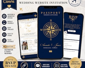 Invitación de boda tipo pasaporte con confirmación de asistencia: Plantilla de Canva para bodas de destino. Sitio web animado de bodas de viaje. Invitación tipo pasaporte.