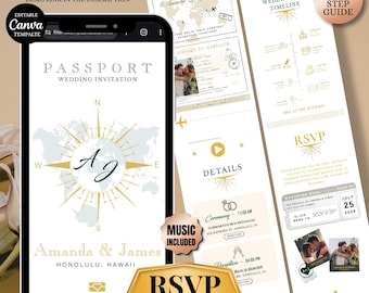 Destination Wedding Passport Invitation with RSVP tracker: Animated save the date Canva Website Template Wedding Invitation
