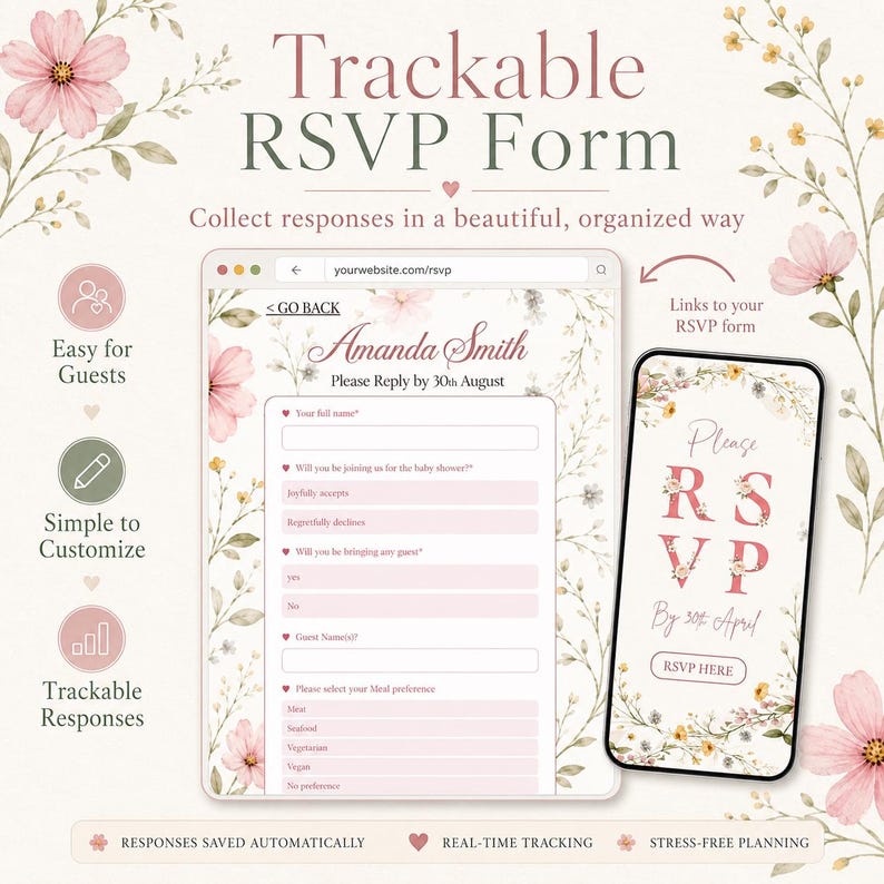 Baby in Bloom invitation website template with RSVP Tracker: Digital canva editable site for baby shower, wildflower floral gender reveal