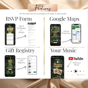 Op de afbeelding: Een informatieve afbeelding met functies voor een evenement. De afbeelding toont mockups van telefoonschermen met RSVP-formulieren, Google Maps, links naar cadeau-lijsten en muziekintegratie via YouTube. Tekst bevat "Features" en "All the features are available with easy to edit guide."