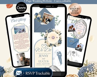 Dusty Blue wedding Website invitation with RSVP Tracker, Fully Editable in Canva Template - 5 Page Digital Invite