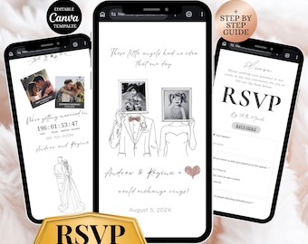 Childhood Wedding Invitation Website template , Black & White Theme, Modern Elegant Digital editable Canva Wedding Invite, RSVP Trackable