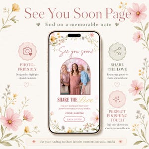 Puede incluir: Gr&aacute;fico digital con el texto "See You Soon Page" y "See you soon!" en la pantalla de un smartphone. La imagen incluye detalles florales, iconos y la frase "Share the Love". El dise&ntilde;o est&aacute; destinado a las redes sociales.
