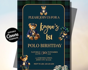 Preppy Teddy Bear Birthday Invitation, Polo Bear 1st Birthday Invite, Editable Canva Template, Classic Blue Plaid Boy Shower