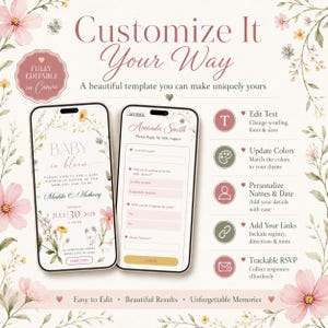 Puede incluir: Plantilla digital de invitaci&oacute;n para baby shower con dise&ntilde;o floral, que muestra dos smartphones con detalles del evento. El texto dice "Customize It Your Way" e incluye opciones para editar texto, actualizar colores y personalizar nombres y fechas.