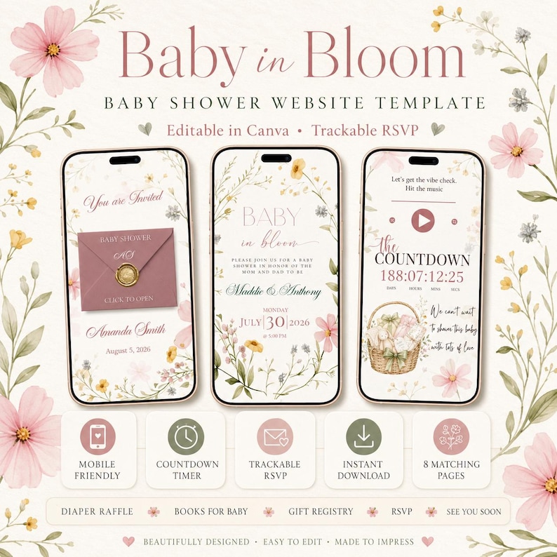 Puede incluir: Plantilla de sitio web para baby shower con el texto "Baby in Bloom". El dise&ntilde;o presenta tres maquetas de tel&eacute;fonos inteligentes con detalles florales y del evento. Iconos adicionales indican funciones como compatibilidad m&oacute;vil y seguimiento de RSVP.