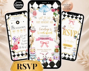 Alice in Wonderland Birthday Invitation Website, Editable Canva Digital Invite with RSVP, Countdown & Registry