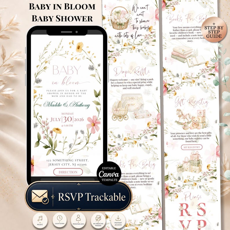 Puede incluir: Una invitaci&oacute;n digital para un baby shower en la pantalla de un smartphone, con detalles florales y el texto "Baby in Bloom". Paneles adicionales muestran una rifa de pa&ntilde;ales, registro de regalos e informaci&oacute;n de RSVP. El dise&ntilde;o incluye el texto "RSVP Trackable."