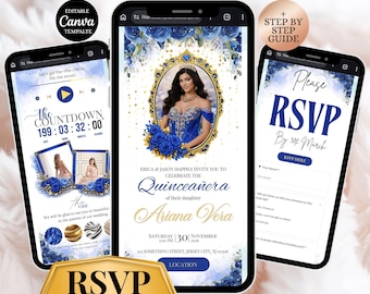 Blue Gold Quinceañera Digital Invitation Website with RSVP | Editable Canva Sweet 16 Invite, 15th Birthday Online quince Invitation