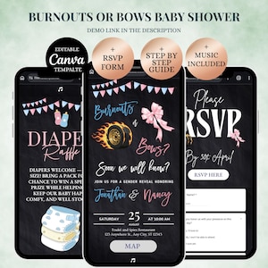 Burnouts of strikken Gender Reveal website-uitnodiging: burn-out en strikken bewerkbare canva-sjabloon (digitale download)