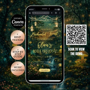Op de afbeelding: Een smartphone toont een uitnodiging voor een verjaardagsfeest met het thema "Enchanted Forest". De uitnodiging bevat de tekst "Olivia's 10e verjaardag" en een QR-code voor een demo. Extra functies zijn een RSVP-tracker, een stapsgewijze handleiding en muziek.