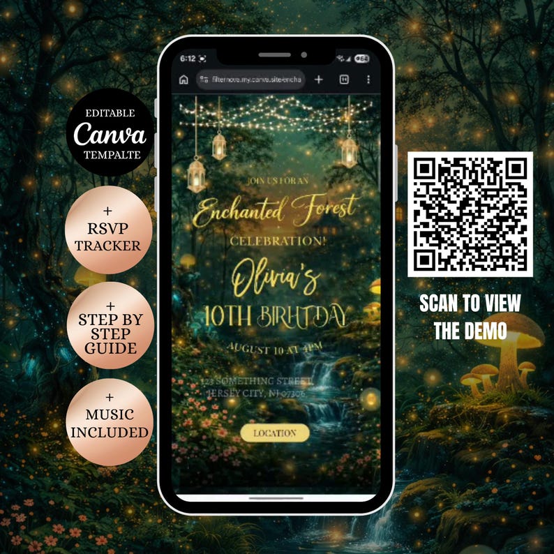 Op de afbeelding: Een smartphone toont een uitnodiging voor een verjaardagsfeest met het thema "Enchanted Forest". De uitnodiging bevat de tekst "Olivia's 10e verjaardag" en een QR-code voor een demo. Extra functies zijn een RSVP-tracker, een stapsgewijze handleiding en muziek.
