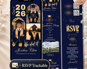 Graduation Website Invitation with RSVP: Navy blue gold Class of 2026 Grad Party Invite, Digital Graduation Party, College Grad Invite