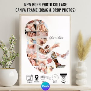 Pasgeboren baby fotocollage canvaslijst, gepersonaliseerde familievakantie collage, digitale muurkunst cadeau voor baby, baby, baby born, bewerkbaar cadeau