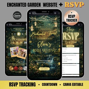 Op de afbeelding: Drie smartphoneschermen met een uitnodiging voor een verjaardagsfeestje met het thema "Enchanted Forest", een RSVP-formulier en een countdown timer. Het ontwerp bevat gouden tekst, fee&euml;rieke lichtjes en een bosachtergrond. Inclusief de tekst "Canva Editable".