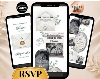 Newspaper Wedding Website Template, Trackable RSVP Canva Template, Digital Wedding Invitation Website, Editable Wedding Evite