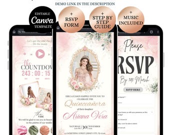 Websitesjabloon uitnodiging Quinceañera met RSVP, bewerkbare Canva 15e verjaardagsuitnodiging, traceerbare RSVP & countdown, online kweepeeruitnodiging