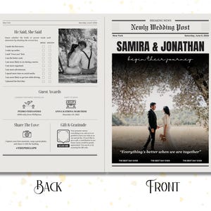 May include: A wedding announcement in the style of a newspaper with the headline "Breaking News: Newly Wedding Post". The announcement features the couple's names, "Samira & Jonathan", and the text "begin their journey". A photo of the couple is featured below the headline. The text "Everything's better when we are together" is printed below the photo.
