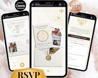 Passport Save the date Wedding Invitation with RSVP tracker: Destination wedding Canva template, Animated Travel website Invite