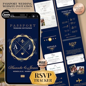 May include: A navy blue digital wedding invitation on a smartphone, with a passport design and gold detailing. The invitation displays the names "Amanda & James" and the location "Honolulu, Hawaii." Other screens show wedding details and an RSVP tracker.
