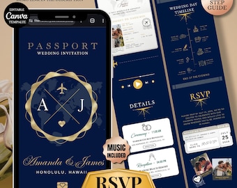 Destination Wedding Invitation with RSVP tracker: Passport wedding Canva template, Animated Travel website Invite