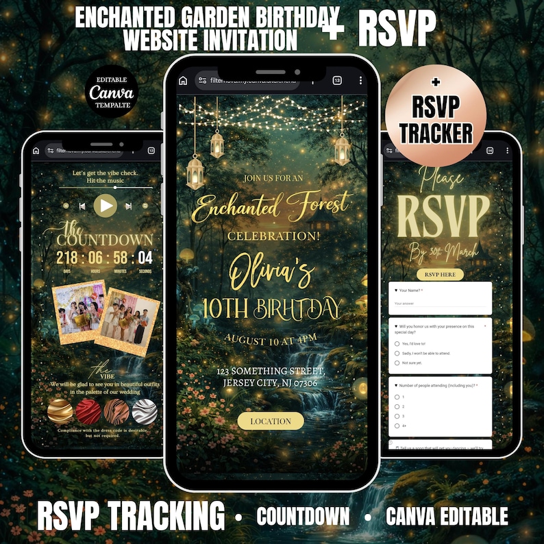 Op de afbeelding: Drie smartphones met een "Enchanted Garden Birthday" website-uitnodiging. Het ontwerp heeft een bos thema met gouden accenten, een countdown timer, RSVP tracking en bewerkbare Canva templates. De uitnodiging bevat evenement details.