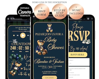Preppy teddybeer babyshower website uitnodiging, polobeer babyshower uitnodiging, bewerkbare canvassjabloon, klassieke blauwe geruite jongensshower