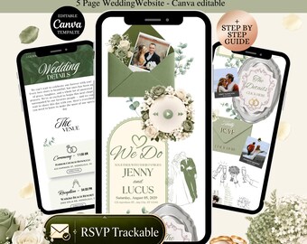 Wedding Website Template, Canva Wedding Invitation with RSVP Tracker, Editable 5 Page Digital Invite