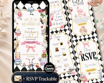 Alice in Onderland Birthday Invitation Website, Editable Tea Party Canva Digital Invite with RSVP, Countdown & Registry