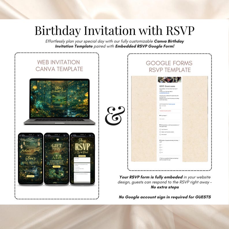 Op de afbeelding: Digitale verjaardagsuitnodiging met RSVP, getoond op een laptop en smartphones. De afbeelding bevat een Google Forms RSVP-sjabloon. De tekst luidt "Birthday Invitation with RSVP".