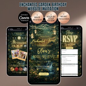 Op de afbeelding: Drie smartphones tonen een "Enchanted Garden Birthday Website Invitation". De uitnodiging heeft een bosthema met tekst als "Olivia's 10e verjaardag" en RSVP-details. Extra functies zijn een countdown timer en een RSVP tracker.