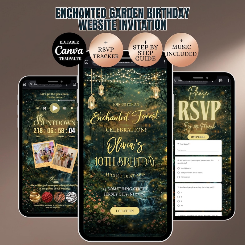 Op de afbeelding: Drie smartphones tonen een "Enchanted Garden Birthday Website Invitation". De uitnodiging heeft een bosthema met tekst als "Olivia's 10e verjaardag" en RSVP-details. Extra functies zijn een countdown timer en een RSVP tracker.