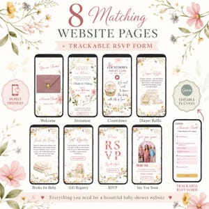 Baby in Bloom invitation website template with RSVP Tracker: Digital canva editable site for baby shower, wildflower floral gender reveal