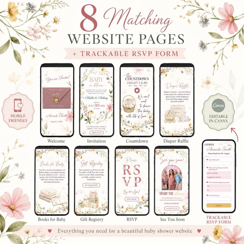 Baby in Bloom invitation website template with RSVP Tracker: Digital canva editable site for baby shower, wildflower floral gender reveal