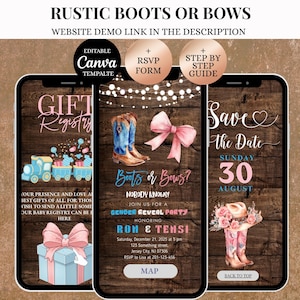 Könnte beinhalten: Drei Smartphones zeigen eine Babyparty-Einladung im rustikalen Stil. Das zentrale Telefon zeigt blaue Cowboy-Stiefel und eine rosa Schleife mit dem Text "Boots or Bows?" und Veranstaltungsdetails. Andere Telefone zeigen Geschenklisten und Informationen zum Speichern des Datums.