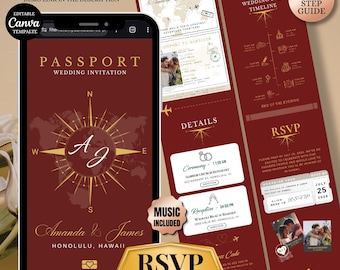 Passport Wedding Invitation with RSVP tracker: Destination wedding Canva template, Animated Travel website Invite