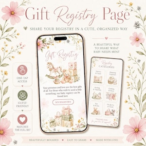 Puede incluir: P&aacute;gina de registro de regalos digital con dise&ntilde;o floral. La p&aacute;gina muestra un tel&eacute;fono con una interfaz de registro, que muestra art&iacute;culos para beb&eacute;s como un caballito balanc&iacute;n y un oso de peluche. El texto incluye "Gift Registry Page" y "My Registry."