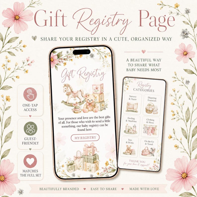 Puede incluir: P&aacute;gina de registro de regalos digital con dise&ntilde;o floral. La p&aacute;gina muestra un tel&eacute;fono con una interfaz de registro, que muestra art&iacute;culos para beb&eacute;s como un caballito balanc&iacute;n y un oso de peluche. El texto incluye "Gift Registry Page" y "My Registry."