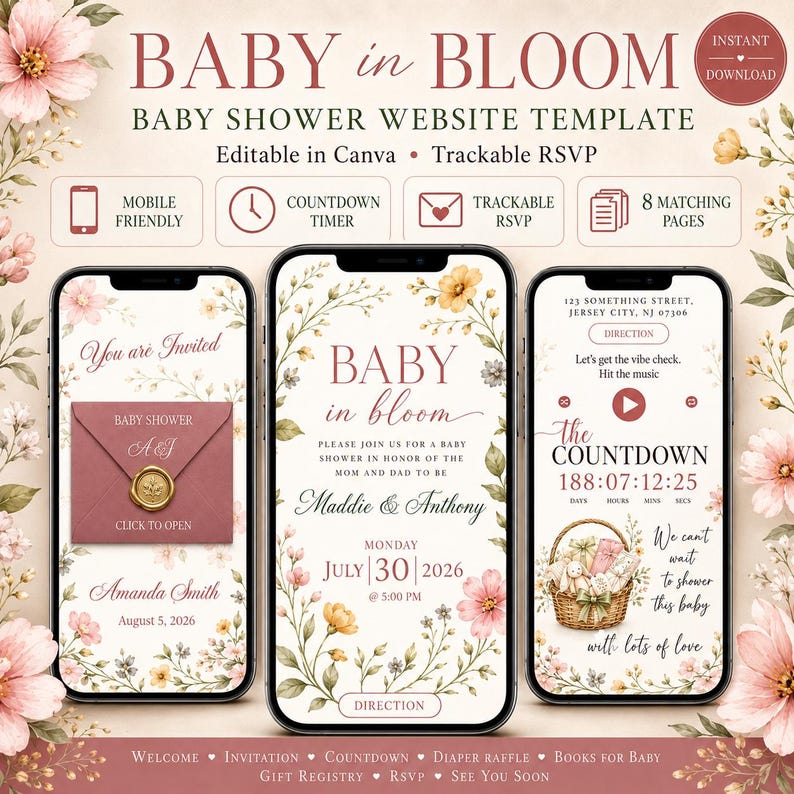 Baby in Bloom invitation website template with RSVP Tracker: Digital canva editable site for baby shower, wildflower floral gender reveal