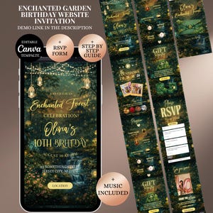 Op de afbeelding: Een digitale uitnodiging voor een verjaardag met een betoverd bos thema. De uitnodiging bevat de tekst "Enchanted Garden Birthday Website Invitation" en "Olivia's 10th Birthday". Het ontwerp toont een bossc&egrave;ne met gouden accenten en een mobiele telefoon mockup.