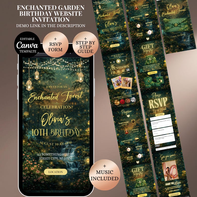 Op de afbeelding: Een digitale uitnodiging voor een verjaardag met een betoverd bos thema. De uitnodiging bevat de tekst "Enchanted Garden Birthday Website Invitation" en "Olivia's 10th Birthday". Het ontwerp toont een bossc&egrave;ne met gouden accenten en een mobiele telefoon mockup.