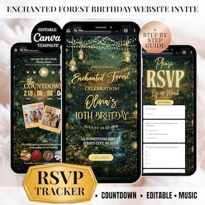 Op de afbeelding: Drie smartphones met een website-uitnodiging voor een verjaardag met het thema "Enchanted Forest". Het ontwerp bevat een countdown, RSVP-tracker en bewerkbare functies. De uitnodiging toont een bossc&egrave;ne met gouden accenten en de tekst "Olivia's 10th Birthday."