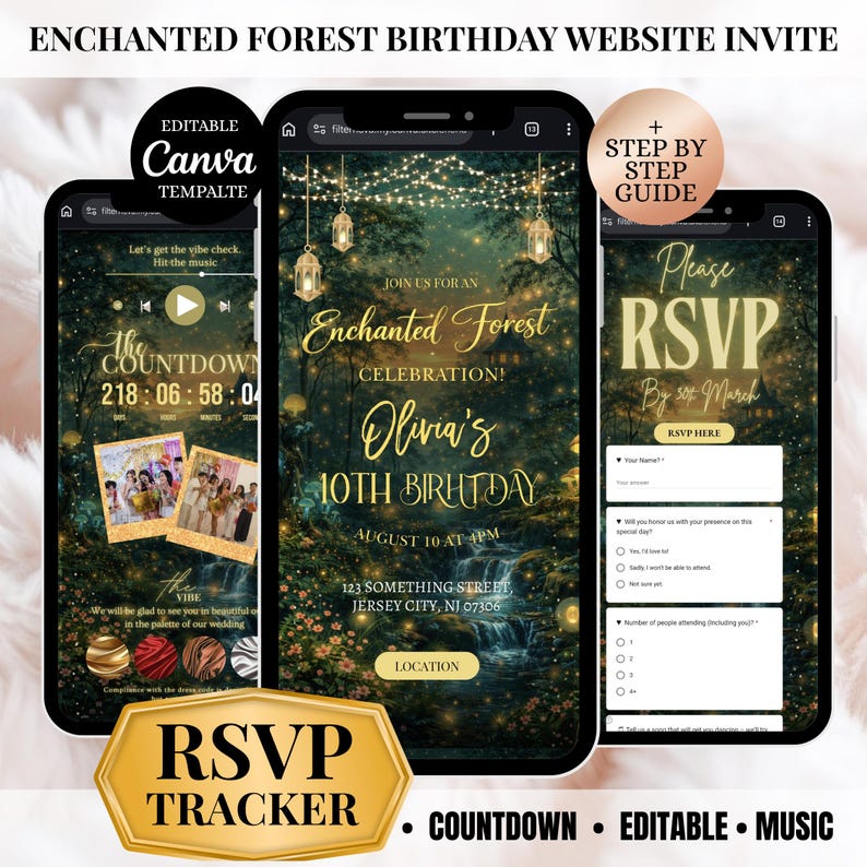 Op de afbeelding: Drie smartphones met een website-uitnodiging voor een verjaardag met het thema "Enchanted Forest". Het ontwerp bevat een countdown, RSVP-tracker en bewerkbare functies. De uitnodiging toont een bossc&egrave;ne met gouden accenten en de tekst "Olivia's 10th Birthday."