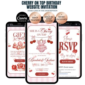May include: Three smartphones displaying a baby shower invitation with a cherry theme. The invitation includes the text "She is a Cherry on Top" and details for the event. The design is pink and white with cherry illustrations.