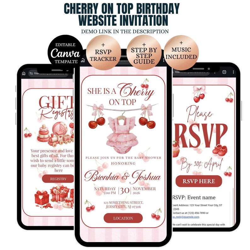 May include: Three smartphones displaying a baby shower invitation with a cherry theme. The invitation includes the text "She is a Cherry on Top" and details for the event. The design is pink and white with cherry illustrations.