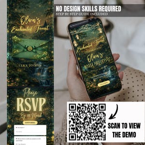 Op de afbeelding: Digitaal uitnodigingsontwerp voor Olivia's 10e verjaardag, met als thema "Enchanted Forest". Het ontwerp bevat een groene envelop, RSVP-details en een smartphone met de uitnodiging. De tekst luidt "Geen ontwerpvaardigheden vereist" en "Scan om de demo te bekijken."
