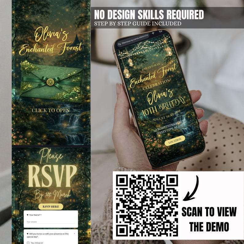 Op de afbeelding: Digitaal uitnodigingsontwerp voor Olivia's 10e verjaardag, met als thema "Enchanted Forest". Het ontwerp bevat een groene envelop, RSVP-details en een smartphone met de uitnodiging. De tekst luidt "Geen ontwerpvaardigheden vereist" en "Scan om de demo te bekijken."