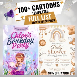 Editable Custom Birthday invitations, any Cartoon, under the sea birthday invite, baby shower invite, custom party theme invitation, mermaid