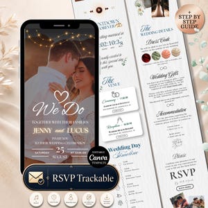 May include: A wedding invitation template on a smartphone screen, featuring a couple embracing. The text "We Do" is prominent, with details for Jenny and Lucus's wedding on August 25th. Additional wedding details are on a separate page.